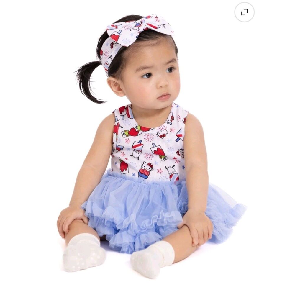 Hello Kitty Baby Girl Sleeveless Print tutu Dress & Matching Bow Headband, 12 M
